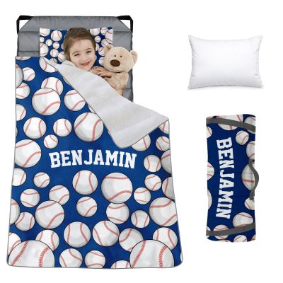 Custom Toddler Nap Mat for Preschool, Personalized Name Slumber Bags with Baseball Designs for Kids Daycare, Roll Up Sleeping Mats with Flannel Blanket & Removable Pillow for Boys Girls Color24