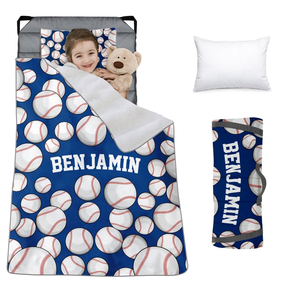 Custom Toddler Nap Mat for Preschool, Personalized Name Slumber Bags with Baseball Designs for Kids Daycare, Roll Up Sleeping Mats with Flannel Blanket & Removable Pillow for Boys Girls Color24