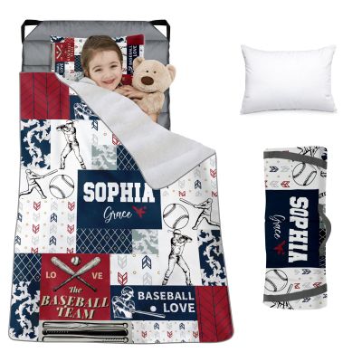 Custom Toddler Nap Mat for Preschool, Personalized Name Slumber Bags with Baseball Designs for Kids Daycare, Roll Up Sleeping Mats with Flannel Blanket & Removable Pillow for Boys Girls Color06