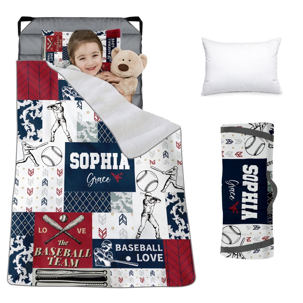 Custom Toddler Nap Mat for Preschool, Personalized Name Slumber Bags with Baseball Designs for Kids Daycare, Roll Up Sleeping Mats with Flannel Blanket & Removable Pillow for Boys Girls Color06