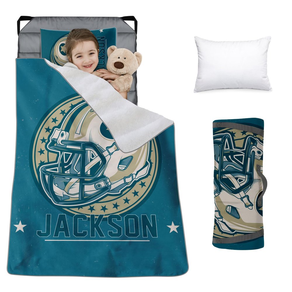 Custom Toddler Nap Mat for Preschool, Personalized Name Slumber Bags with Baseball Designs for Kids Daycare, Roll Up Sleeping Mats with Flannel Blanket & Removable Pillow for Boys Girls Color13