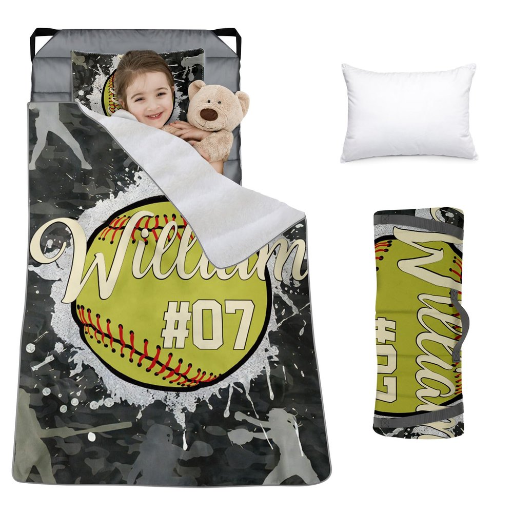 Custom Toddler Nap Mat for Preschool, Personalized Name Slumber Bags with Baseball Designs for Kids Daycare, Roll Up Sleeping Mats with Flannel Blanket & Removable Pillow for Boys Girls Color15