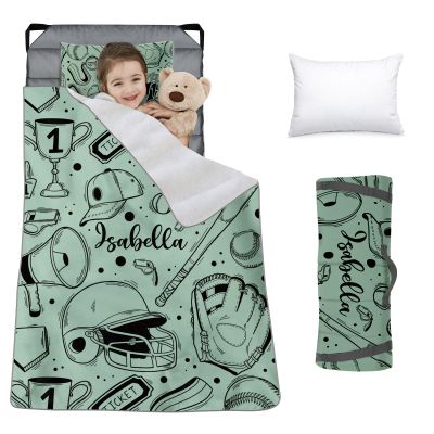 Custom Toddler Nap Mat for Preschool, Personalized Name Slumber Bags with Baseball Designs for Kids Daycare, Roll Up Sleeping Mats with Flannel Blanket & Removable Pillow for Boys Girls Color03