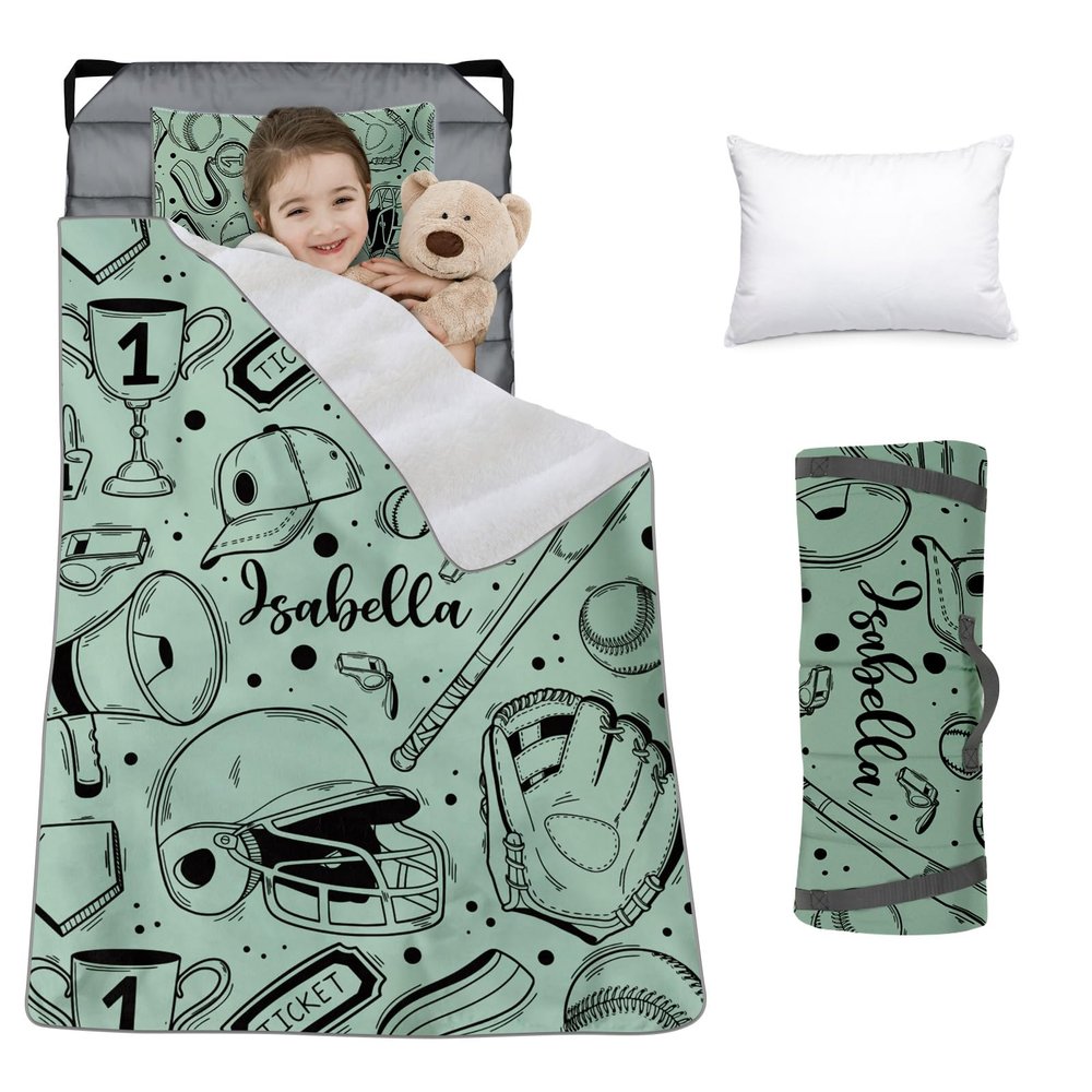 Custom Toddler Nap Mat for Preschool, Personalized Name Slumber Bags with Baseball Designs for Kids Daycare, Roll Up Sleeping Mats with Flannel Blanket & Removable Pillow for Boys Girls Color03