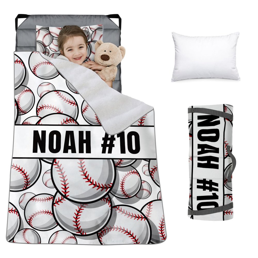 Custom Toddler Nap Mat for Preschool, Personalized Name Slumber Bags with Baseball Designs for Kids Daycare, Roll Up Sleeping Mats with Flannel Blanket & Removable Pillow for Boys Girls Color23