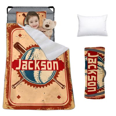Custom Toddler Nap Mat for Preschool, Personalized Name Slumber Bags with Baseball Designs for Kids Daycare, Roll Up Sleeping Mats with Flannel Blanket & Removable Pillow for Boys Girls Color12