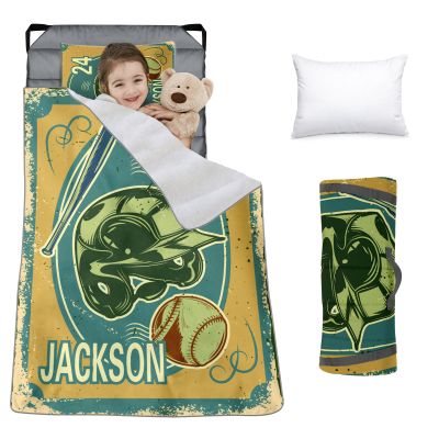 Custom Toddler Nap Mat for Preschool, Personalized Name Slumber Bags with Baseball Designs for Kids Daycare, Roll Up Sleeping Mats with Flannel Blanket & Removable Pillow for Boys Girls Color14