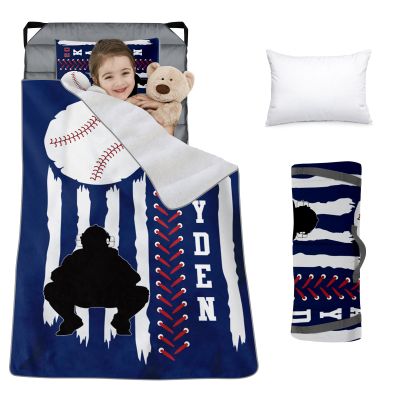 Custom Toddler Nap Mat for Preschool, Personalized Name Slumber Bags with Baseball Designs for Kids Daycare, Roll Up Sleeping Mats with Flannel Blanket & Removable Pillow for Boys Girls Color08