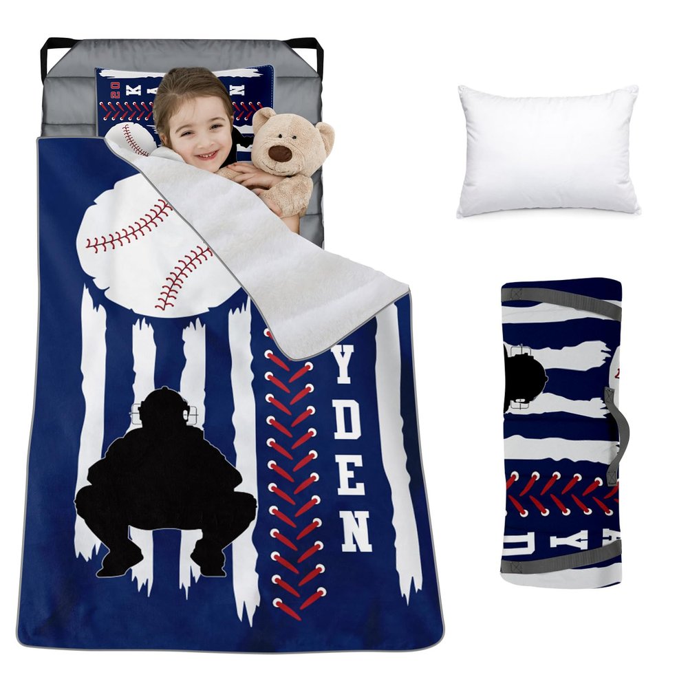 Custom Toddler Nap Mat for Preschool, Personalized Name Slumber Bags with Baseball Designs for Kids Daycare, Roll Up Sleeping Mats with Flannel Blanket & Removable Pillow for Boys Girls Color08