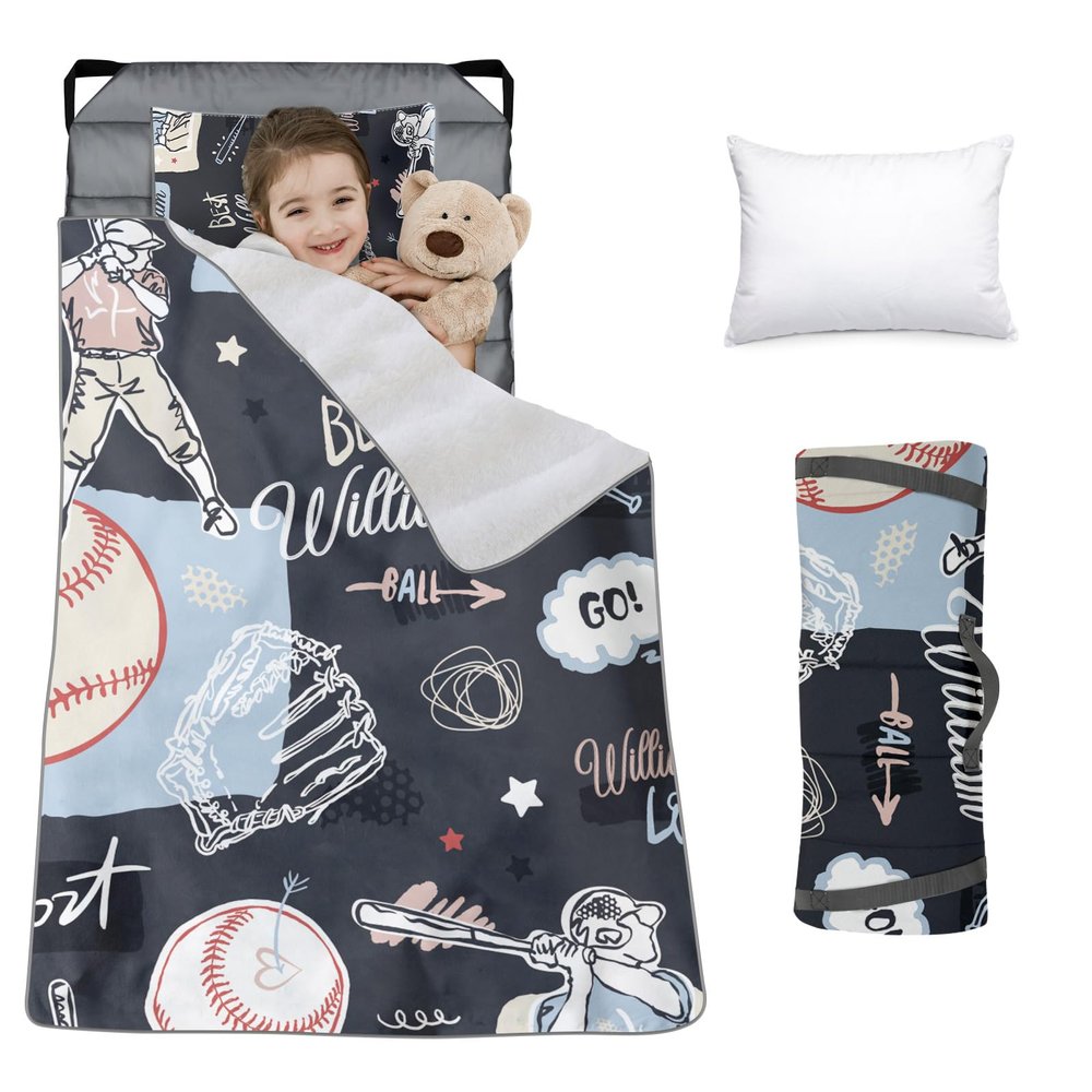 Custom Toddler Nap Mat for Preschool, Personalized Name Slumber Bags with Baseball Designs for Kids Daycare, Roll Up Sleeping Mats with Flannel Blanket & Removable Pillow for Boys Girls Color04