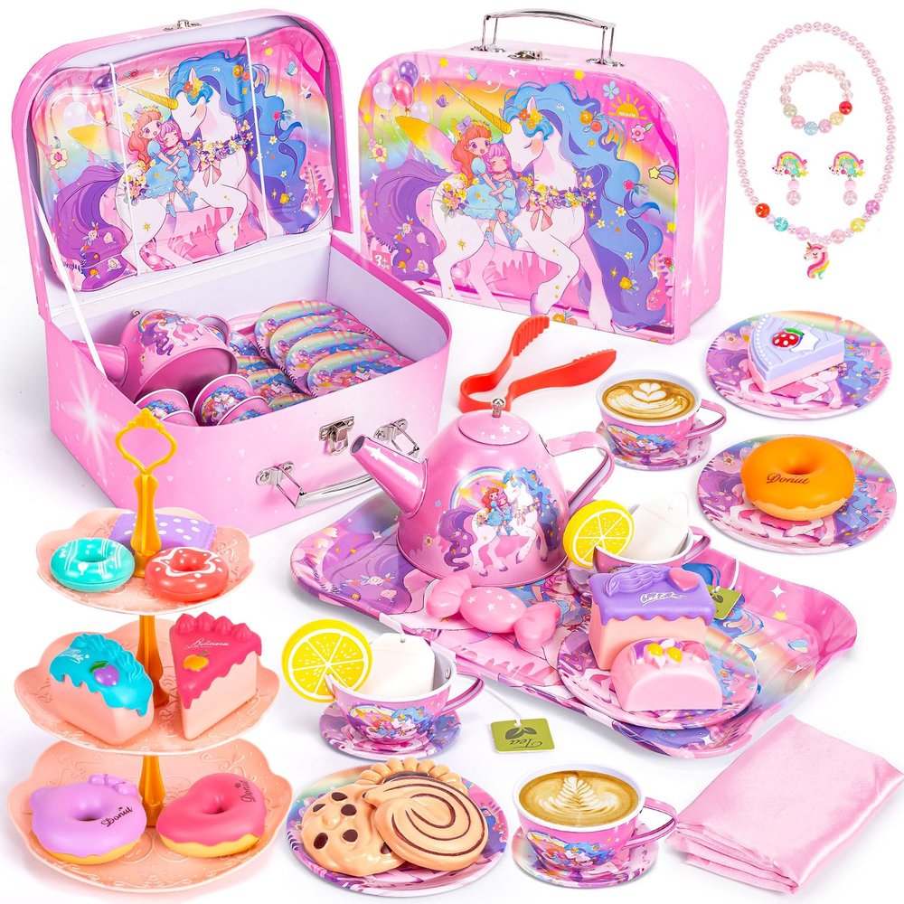 Hohosunlar Unicorn Tea Party Set for Little Girls, Toddler Princess Toy Tea Set, Pretend Play Teapot Dessert Tea Cup Set Food Kitchen Playset, Birthday Unicorn Gift for 3 4 5 6 7 8 Year Old Girl
