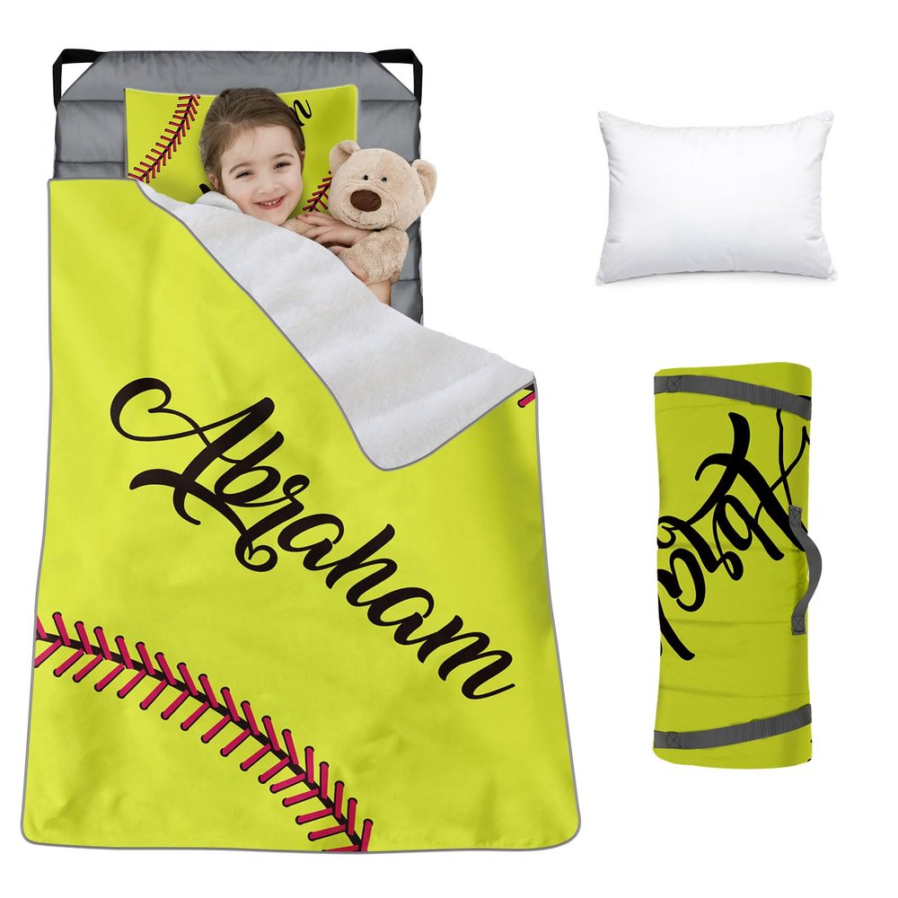 Custom Toddler Nap Mat for Preschool, Personalized Name Slumber Bags with Baseball Designs for Kids Daycare, Roll Up Sleeping Mats with Flannel Blanket & Removable Pillow for Boys Girls Color21