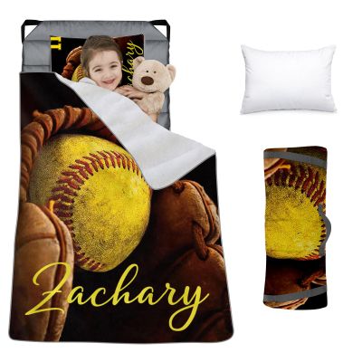 Custom Toddler Nap Mat for Preschool, Personalized Name Slumber Bags with Baseball Designs for Kids Daycare, Roll Up Sleeping Mats with Flannel Blanket & Removable Pillow for Boys Girls Color19