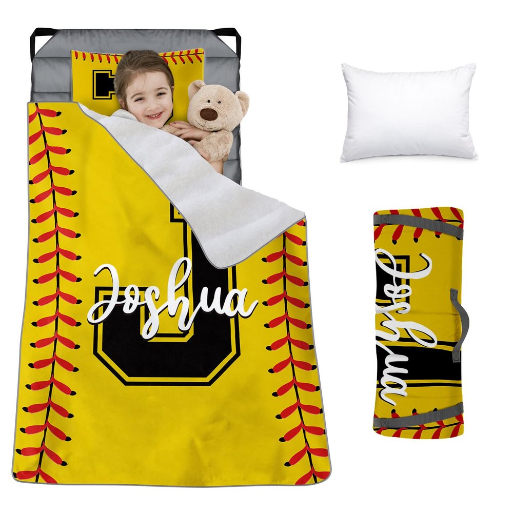 Custom Toddler Nap Mat for Preschool, Personalized Name Slumber Bags with Baseball Designs for Kids Daycare, Roll Up Sleeping Mats with Flannel Blanket & Removable Pillow for Boys Girls Color01