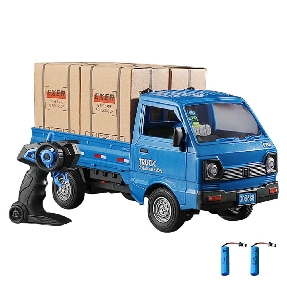 Dodoore Remote Control Car RC Kei Truck,1:16 Scale RC Transporter Pickup Truck, 2.4GHz All Terrain RC Transport Cars with Spray & Light, 2 Batteries (Blue)