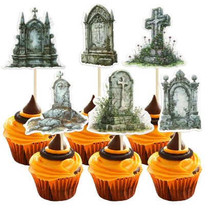 Ephlyn 36Pcs Halloween Cupcake Toppers Tombstones Graveyard Cake Decorations for Halloween Party Kids Babyshower Birthday Party Decoration Supplies
