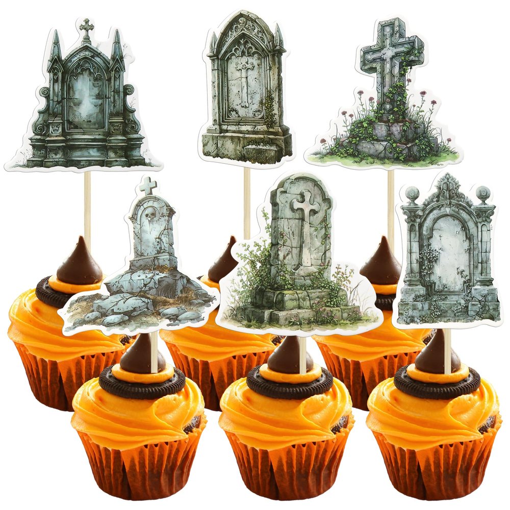 Ephlyn 36Pcs Halloween Cupcake Toppers Tombstones Graveyard Cake Decorations for Halloween Party Kids Babyshower Birthday Party Decoration Supplies