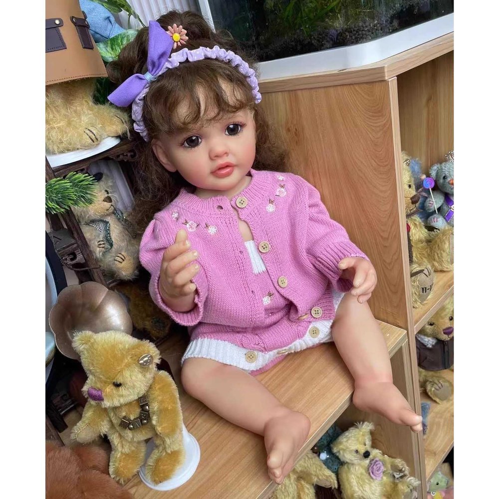 55cm Reborn Baby Doll Full Body Silicone Lifelike Princess Girl Toddler with Long Brown Curly Hair Newborn Doll Birthday Xmas Gift