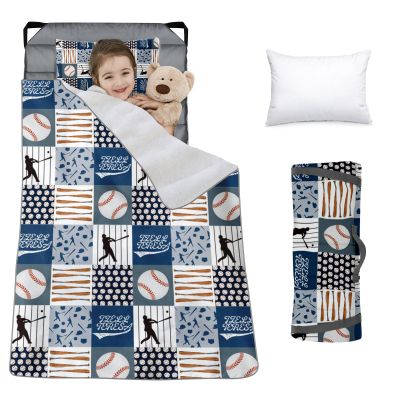 Custom Toddler Nap Mat for Preschool, Personalized Name Slumber Bags with Baseball Designs for Kids Daycare, Roll Up Sleeping Mats with Flannel Blanket & Removable Pillow for Boys Girls Color05