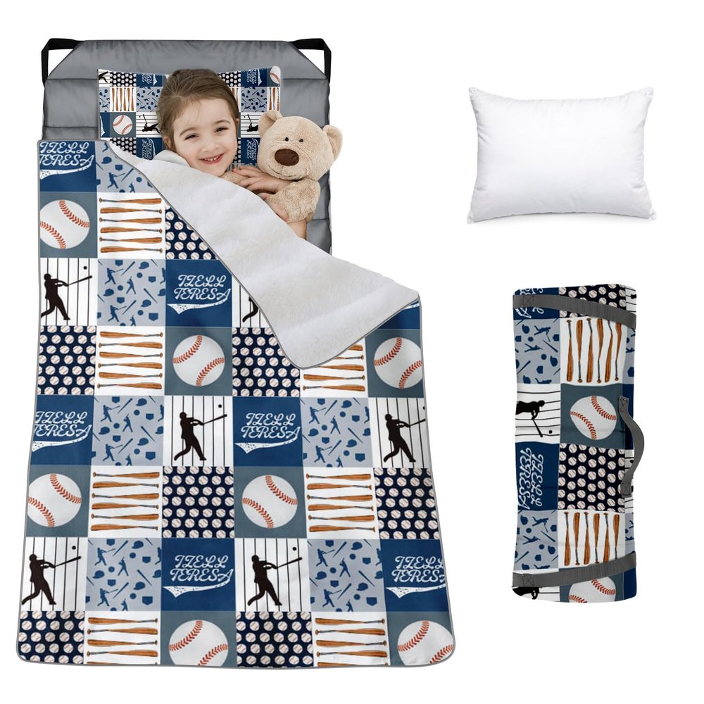 Custom Toddler Nap Mat for Preschool, Personalized Name Slumber Bags with Baseball Designs for Kids Daycare, Roll Up Sleeping Mats with Flannel Blanket & Removable Pillow for Boys Girls Color05
