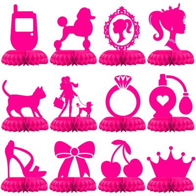 12 Pack Pink Girl Table Centerpieces Fashion Silhouette Honeycomb Decorations with Crown, High Heel, Ring, Perfume Glam Birthday Party Supplies for Girls