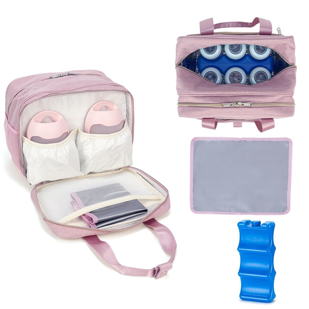 GEMIU Breastmilk Cooler Bag with Ice Pack,Fits 6 Baby Bottles Up to 9 Ounce Breast Milk Cooler Travel Bag Compatible with Wearable Breast Pumps & Accessories for Nursing Mom Daycare Pink