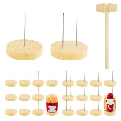 24 PCS Wooden Crochet Doll Stand, Single Double Needle Wooden Crochet Doll Display Stand With Fixing Hammer, Positive Crochet Dolls Holder Stand With Wood Base, Wood Stands for Knitted Dolls Display