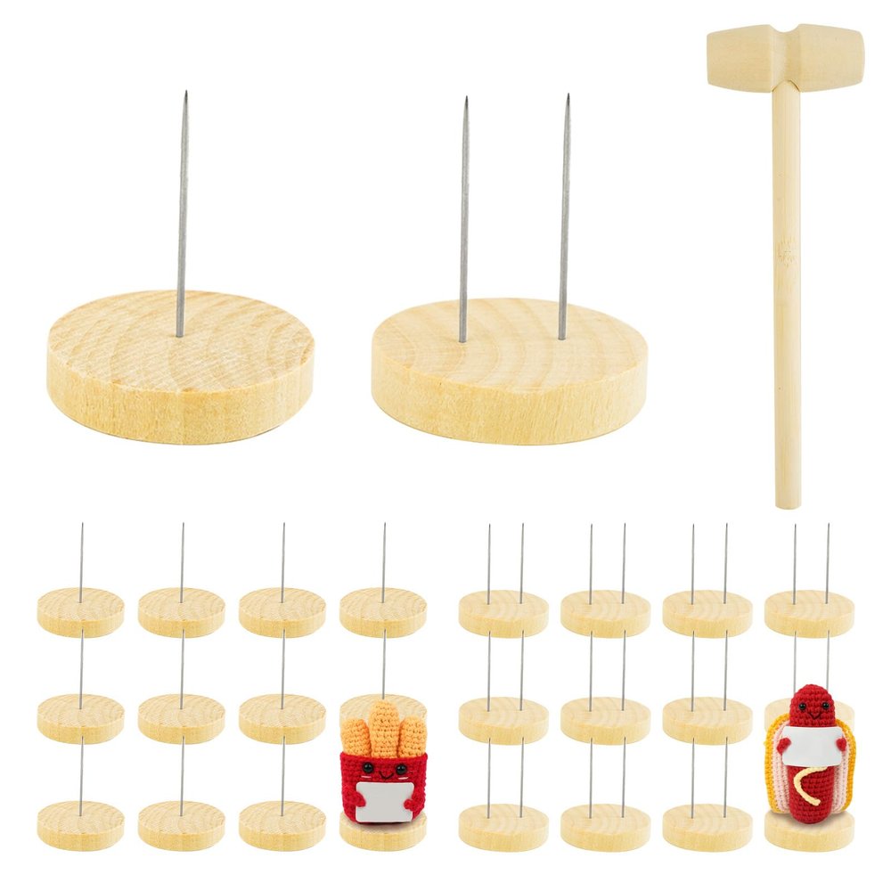 24 PCS Wooden Crochet Doll Stand, Single Double Needle Wooden Crochet Doll Display Stand With Fixing Hammer, Positive Crochet Dolls Holder Stand With Wood Base, Wood Stands for Knitted Dolls Display
