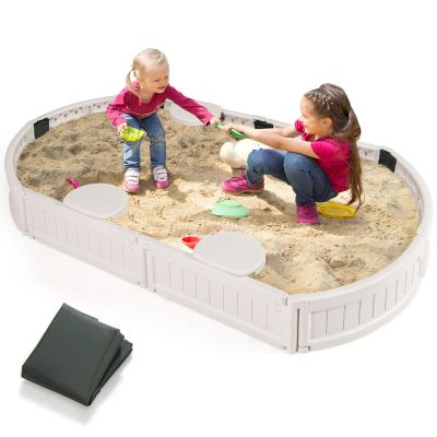 HONEY JOY Sandbox with Cover, 6FT Oval Sand Pit for Backyard, 4 Built-in Seating & Bottom Drainage Liner, All Weather Resistant Sand Boxes for Kids Outdoor with Lid (White)