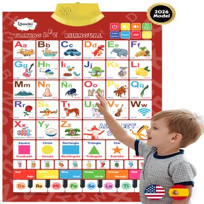 Bilingual English & Spanish Interactive Alphabet Wall Chart (2026 Model) Talking ABC Letters, Numbers 123 & Music Learning Poster Educational Toy for Toddlers & Kids Ages 3+