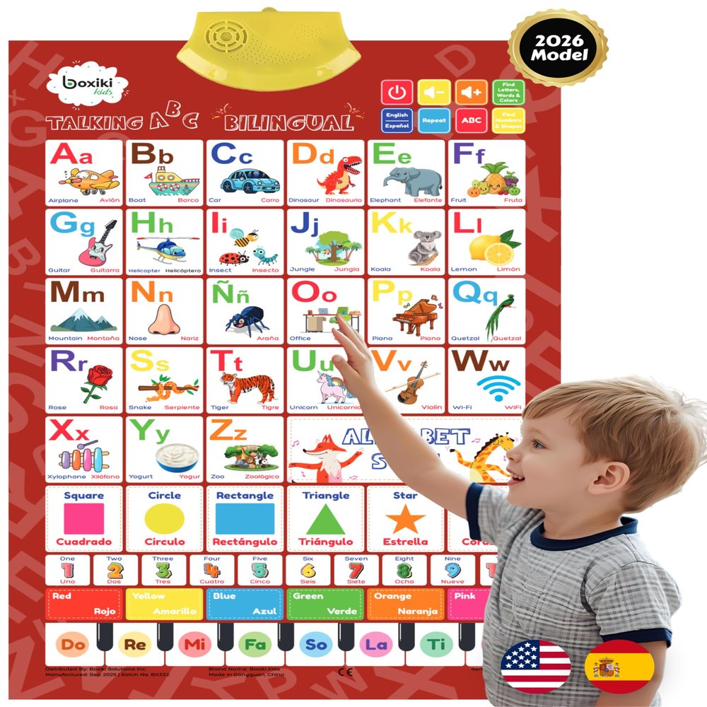 Bilingual English & Spanish Interactive Alphabet Wall Chart (2026 Model)  Talking ABC Letters, Numbers 123 & Music Learning Poster  Educational Toy for Toddlers & Kids Ages 3+