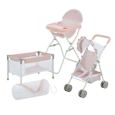 Olivia's Little World Polka Dot Princess Baby Doll 3pc Nursery Set - Crib, High Chair & Stroller, Pink & Gray