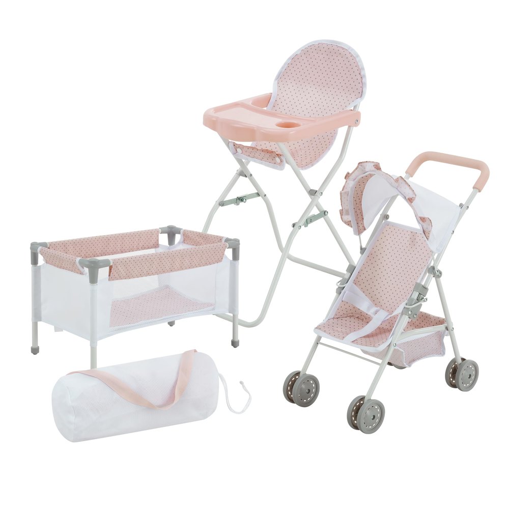 Olivia's Little World Polka Dot Princess Baby Doll 3pc Nursery Set - Crib, High Chair & Stroller, Pink & Gray