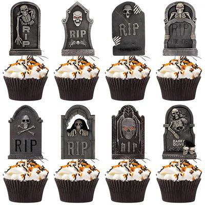 16Pcs Tombstone Cupcake Toppers - Graveyard Cake Decorations for Halloween & Birthday Parties