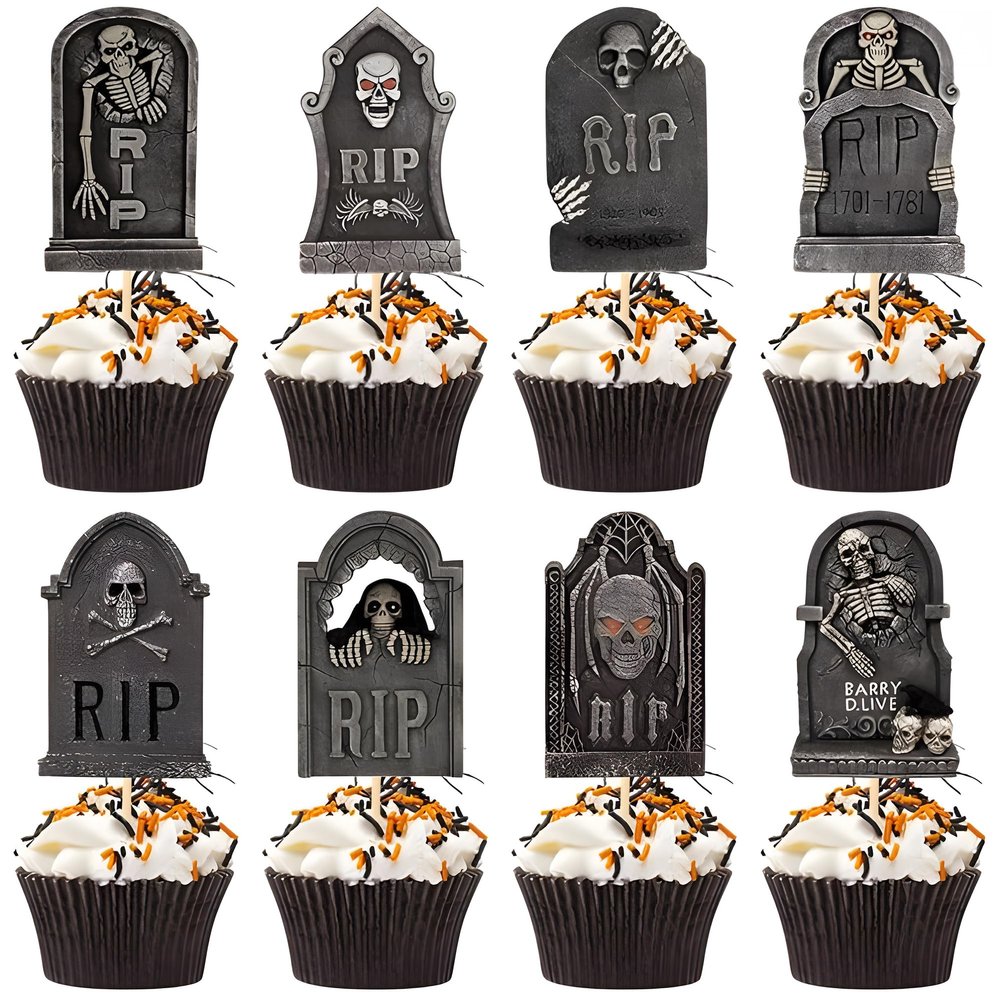 16Pcs Tombstone Cupcake Toppers - Graveyard Cake Decorations for Halloween & Birthday Parties