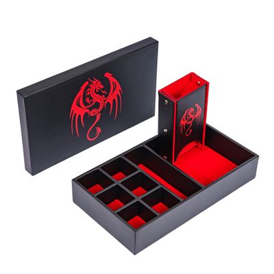 KSNDie 4 in 1 D&D Storage Dice Box Portable Rolling Tray and Dice Tower, Leather DND Holder Case for Role Playing Games Table Games - Red
