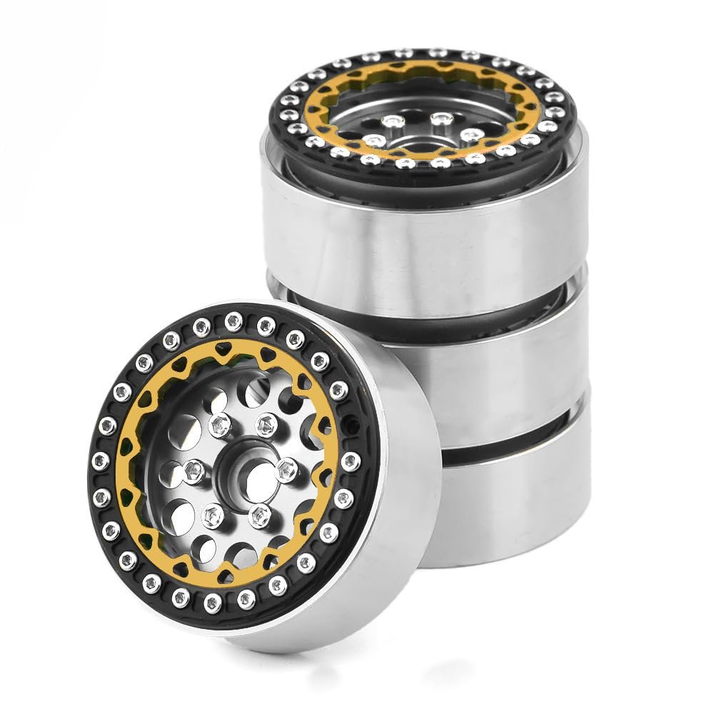 4PCS Metal 1.9'' Beadlock Wheel Rim Hub RC Spare Parts Universal Fit for AXIAL SCX10 TRAXXAS TRX4 1/10 RC Crawler Car, Gold-Silver