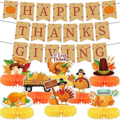 10pcs Thanksgiving Table Decorations Thanksgiving Honeycomb Centerpiece Party Decoration Thanksgiving Banner Set Fall Table Decor Turkey Pumpkin Truck for Autumn Theme Thanksgiving Party