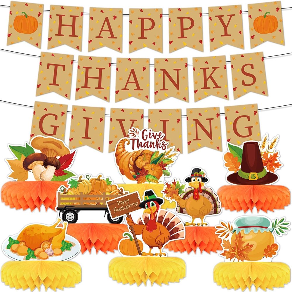 10pcs Thanksgiving Table Decorations Thanksgiving Honeycomb Centerpiece Party Decoration Thanksgiving Banner Set Fall Table Decor Turkey Pumpkin Truck for Autumn Theme Thanksgiving Party