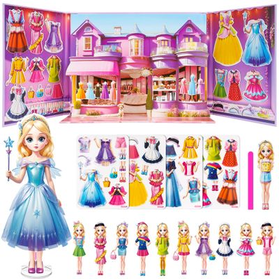 Magnetic Dress Up Dolls for Girls - Princess Magnet Paper Dolls Book with 3D City Buildings - Travel Car Trip Quiet Book Game Toys Easter Birthday Gifts for Kids Toddlers Ages 3 4 5 6 7(Style A)