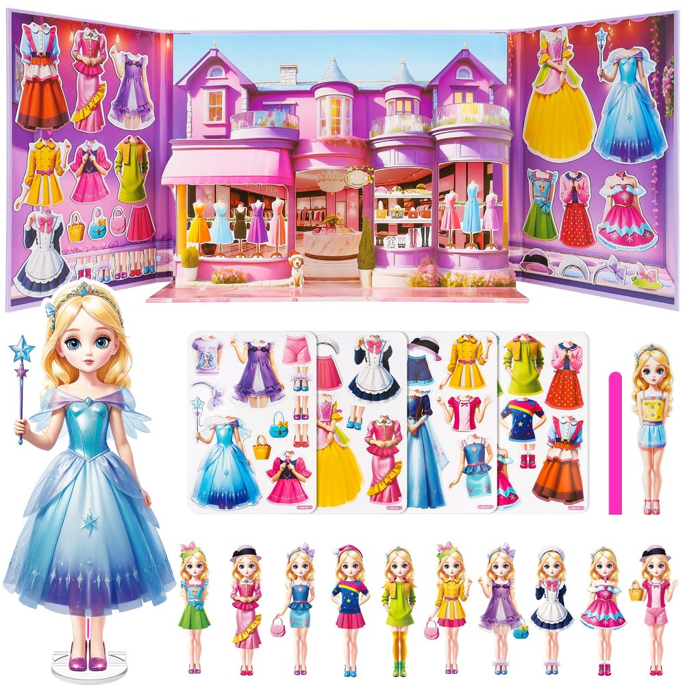 Magnetic Dress Up Dolls for Girls - Princess Magnet Paper Dolls Book with 3D City Buildings - Travel Car Trip Quiet Book Game Toys Easter Birthday Gifts for Kids Toddlers Ages 3 4 5 6 7(Style A)