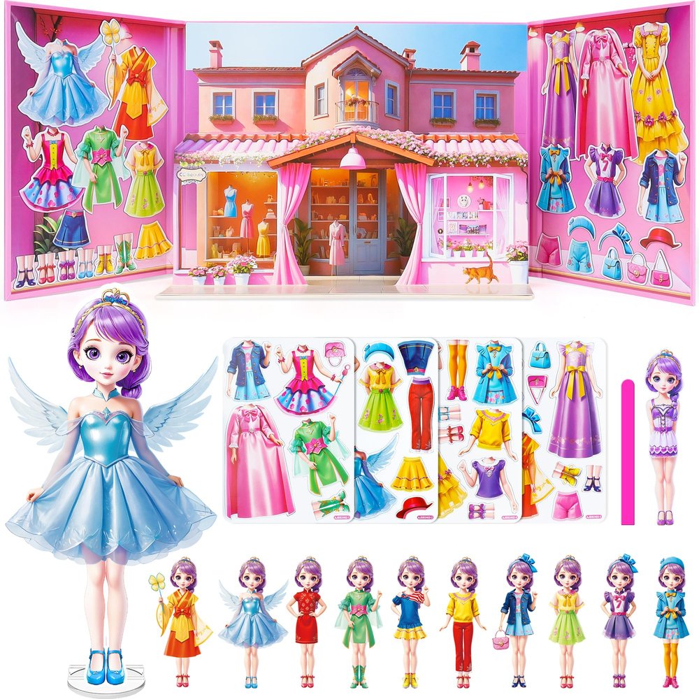 Magnetic Dress Up Dolls for Girls - Princess Magnet Paper Dolls Book with 3D City Buildings - Travel Car Trip Quiet Book Game Toys Easter Birthday Gifts for Kids Toddlers Ages 3 4 5 6 7(Style B)