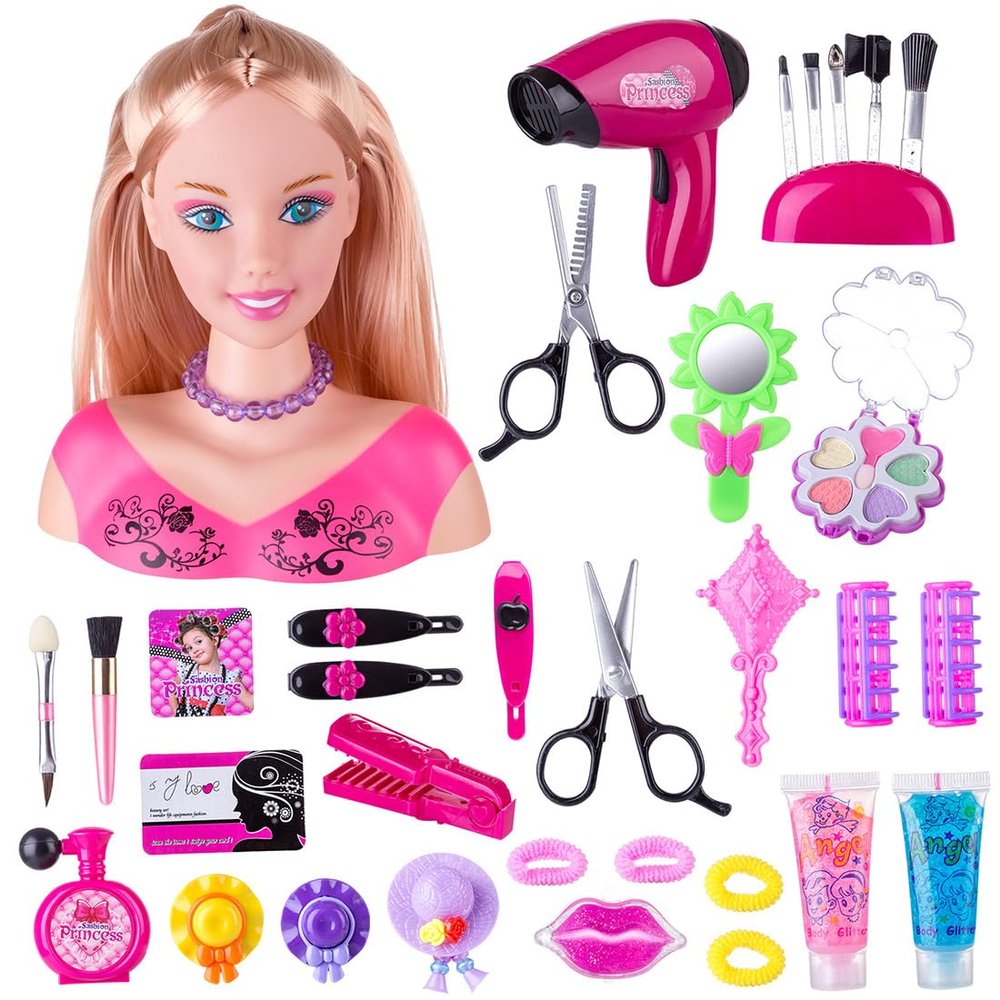 Keetopteep Makeup and Hair Styling Doll Head Toy Kit - 35Pieces Kids Pretend Play Set with Hair Dryer Washable Cosmetics Style Accessories, Makeup Practice Birthday Gifts for Girls