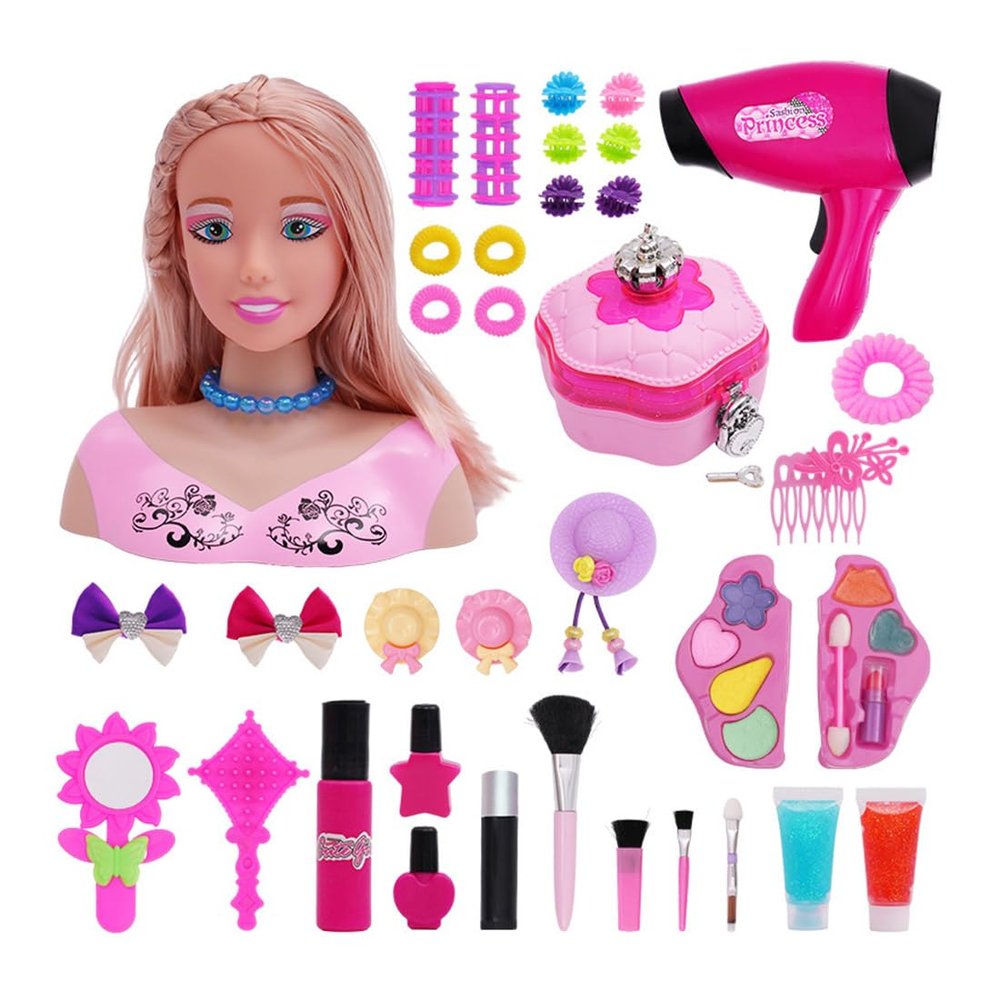 Makeup and Hair Styling Doll Head Toy Kit - 39Pieces Kids Pretend Play Set with Hair Dryer Washable Cosmetics Style Accessories, Makeup Practice Birthday Gifts for Girls