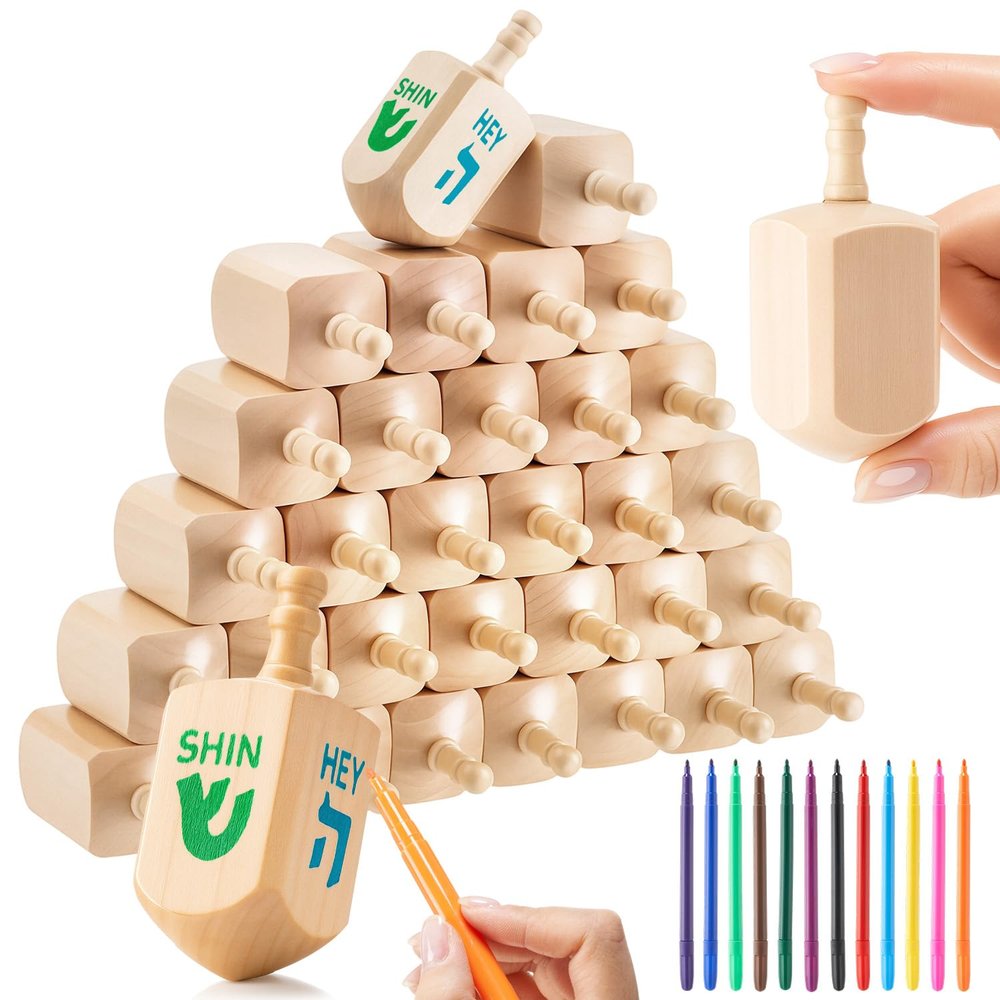 Blueweenly 24 Pcs Hanukkah Wooden Dreidels with 12 Colorful Markers, 3.5inch Blank Wooden Dreidels Hanukkah Unfinished Chanukah Dreidels for Hanukkah Party DIY Projects Crafts Family Fun Supplies