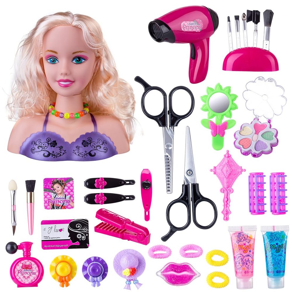 Keetopteep Makeup and Hair Styling Doll Head Toy Kit - 35Pieces Kids Pretend Play Set with Hair Dryer Washable Cosmetics Style Accessories, Makeup Practice Birthday Gifts for Girls