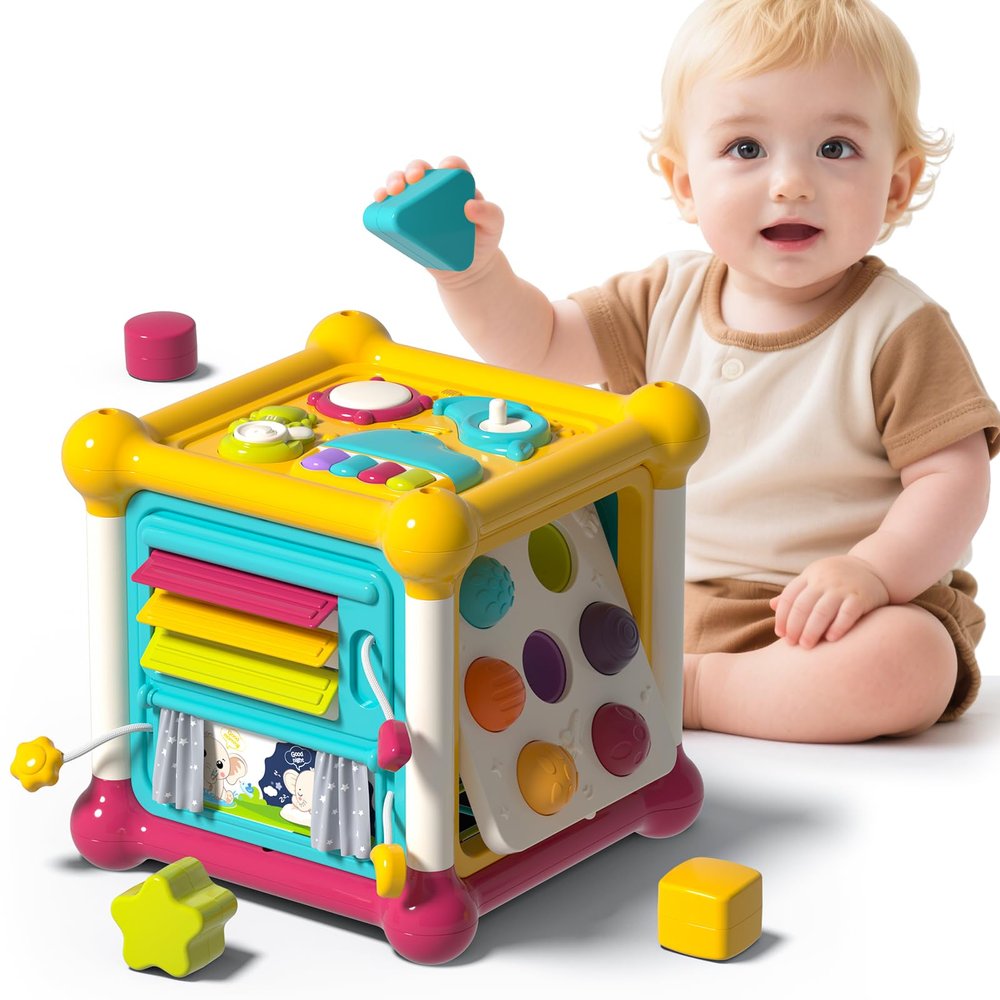 PANITU Baby Activity Cube, Cube Toys for Babies 6-12 Months, Toddler Music Busy Board with 4 Sensory Shape Blocks, 6-in-1 Educational Early Development Toy, Christmas, Birthday Gift for 1 Year Old