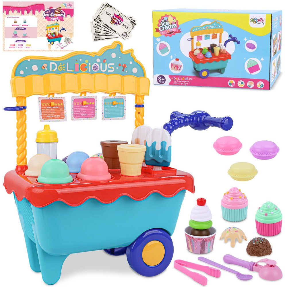 Gifts2U Ice Cream Cart Toys for Kids,45 Pcs Ice Cream Play Set,Pretend Play Store with Storage Trolley,Food Toys,Play Ice Cream Shop Toy,Gift for Boys Girls 3 4 5 6 Years Old
