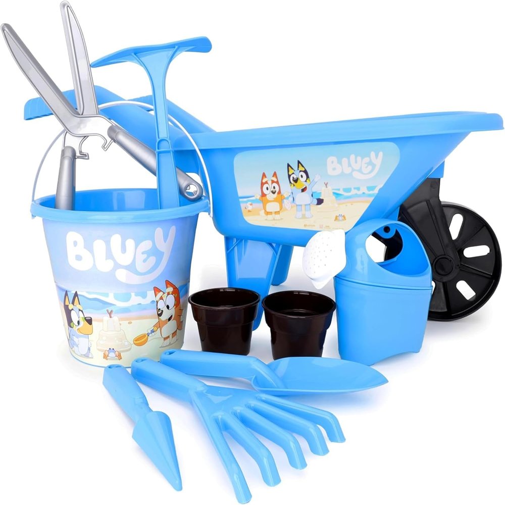 Toyland 10 Piece Bluey Garden Set - Bucket, Watering Can, Flower Pots, Garden Tools and Wheelbarrow Included - Outdoor Garden Toys
