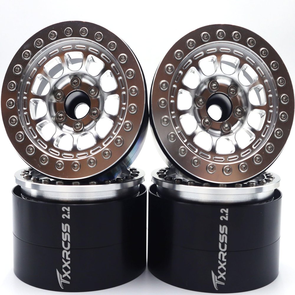 Txxrcss RC 2.2 Aluminum Alloy Beadlock Wheels and Tires Upgrades Accessories Rims for 1/10 SCX10 TRX4RC4WD and D90 RC Crawler Axial Remote Control Car (4pc) (Silvery)